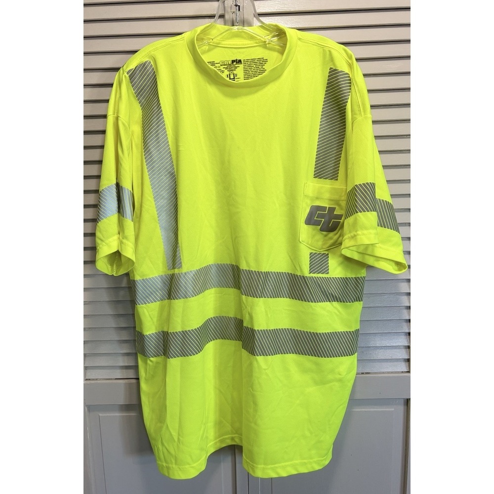 Calpia Neon Yellow Reflective Shirt Mens Sz 2XL 1/4 Collar Pocket Uniform EUC